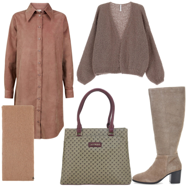 Outfit donna - Layering sofisticato. Stile Basic per Ufficio. Abbinamento con cardigans, stole, stivali, vestiti chemisier, borse a spalla.