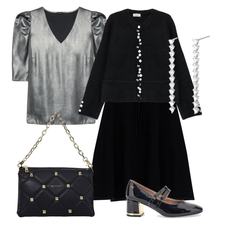 Outfit donna - Total look #2024412. Stile Casual chic per Ufficio. Abbinamento con orecchini, minigonne, borse a spalla, cardigans, décolleté, bluse.