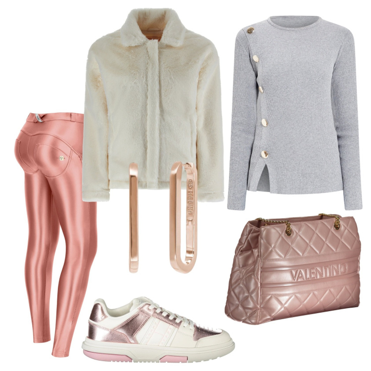 Outfit donna - Tessuto Metallizzato. Stile Casual chic per Ufficio. Abbinamento con orecchini, maglieria, pantaloni skinny, cappotti, sneakers, borse a spalla.