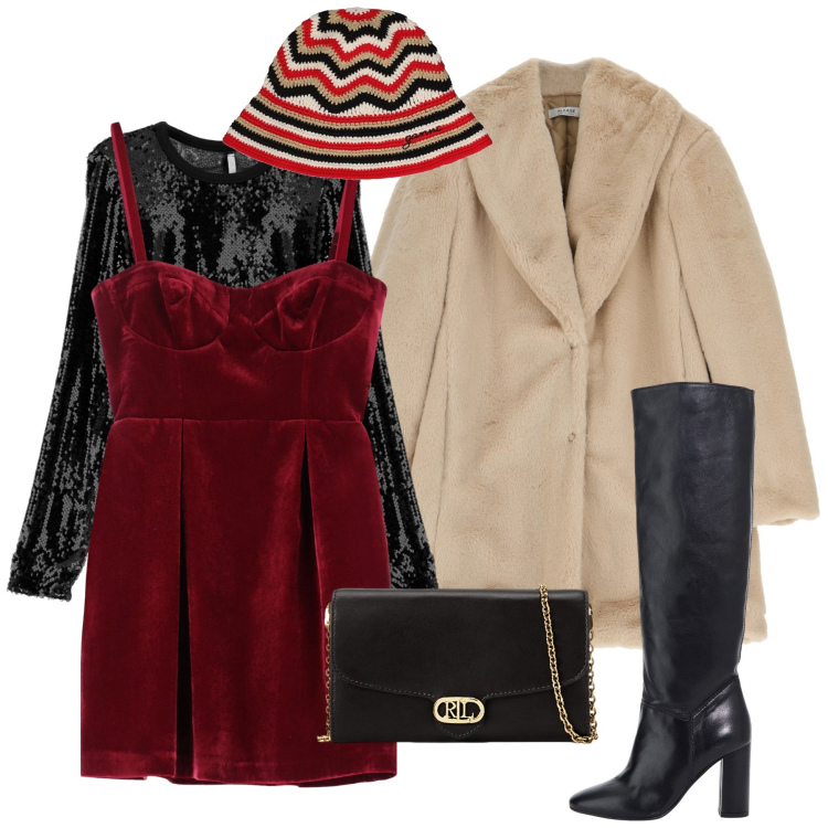 Outfit donna - La tshirt sotto l\'abitino. Stile Chic per Serata fuori. Abbinamento con cappotti, t-shirt, stivali, vestiti corti, borse a tracolla, cappelli.