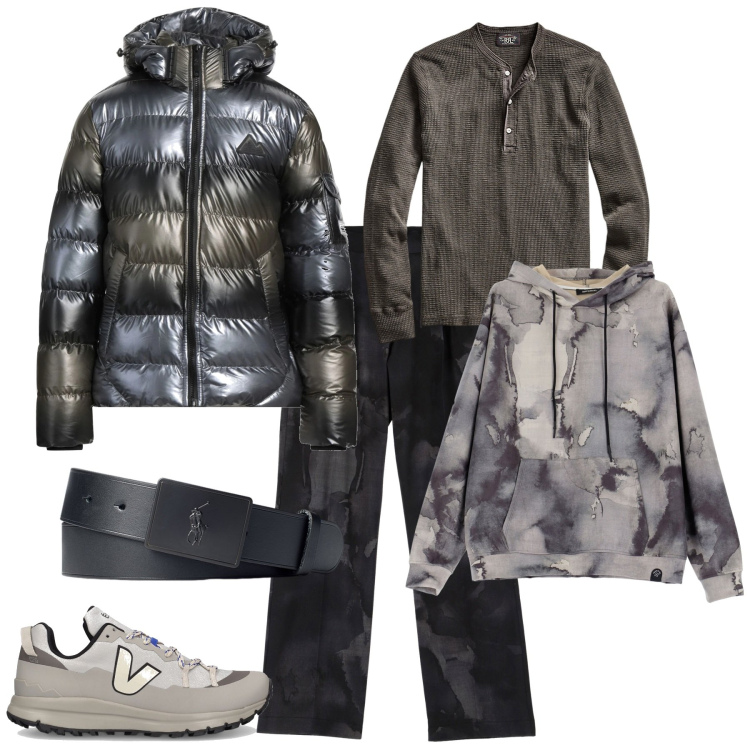 Outfit uomo - Glamour. Stile Trendy per Tutti i giorni. Abbinamento con piumini, pantaloni, felpe con cappuccio, t-shirt, cinture, sneakers.