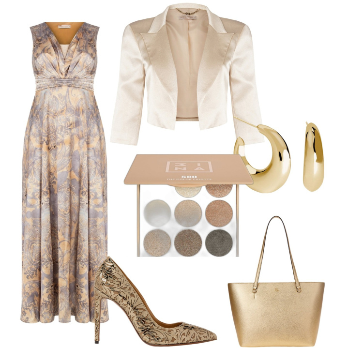 Outfit donna - Un pizzico d\'oro. Stile Glamour per Serata fuori. Abbinamento con ombretti, orecchini, vestiti, bolero, décolleté, borse tote.