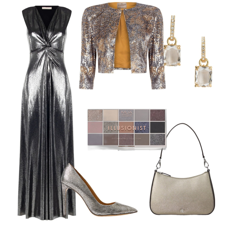 Outfit donna - Il Capodanno dell\'amica estrosa. Stile Glamour per Serata fuori. Abbinamento con ombretti, vestiti lunghi, blazer, borse a spalla, orecchini, décolleté.