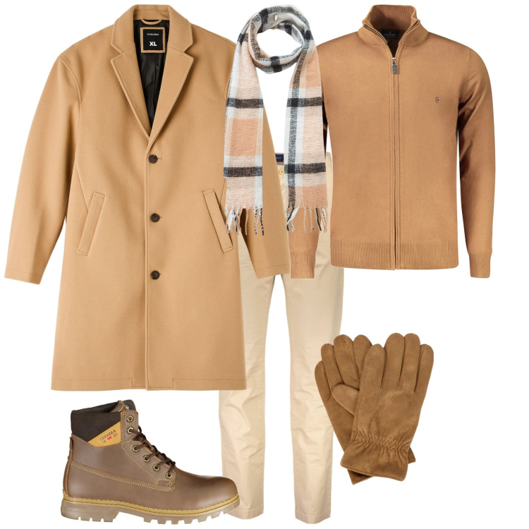 Outfit uomo - Total look #2024450. Stile Trendy per Tutti i giorni. Abbinamento con cappotti, sciarpe, guanti, stivali, pantaloni, cardigans.