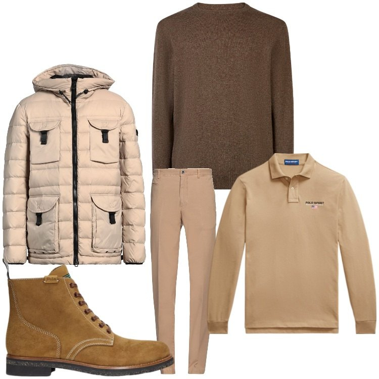 Outfit uomo - Tuttomarrone. Stile Casual per Ufficio. Abbinamento con pantaloni chino, piumini, polo, stivali, maglieria.