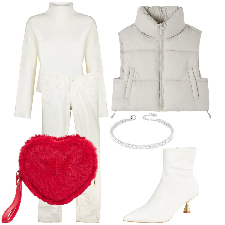 Outfit donna - Un Natale di cuore. Stile Sporty chic per Tutti i giorni. Abbinamento con portafogli, piumini, stivaletti, braccialetti, jeans, cardigans.