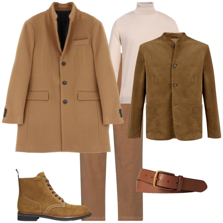 Outfit uomo - Total look #2024456. Stile Trendy per Tutti i giorni. Abbinamento con pantaloni chino, maglieria, cappotti, cinture, stivali, giacche.