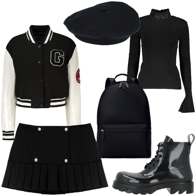 Outfit donna - La collegiale. Stile Preppy per Serata fuori. Abbinamento con stivaletti, cappelli, minigonne, zaini, blazer, maglieria.