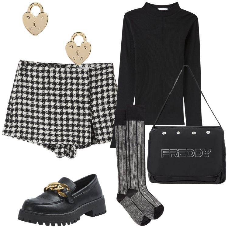 Outfit donna - Total look. Stile Preppy per Tutti i giorni. Abbinamento con gonne, t-shirt, mocassini, borse messenger, orecchini, collant.