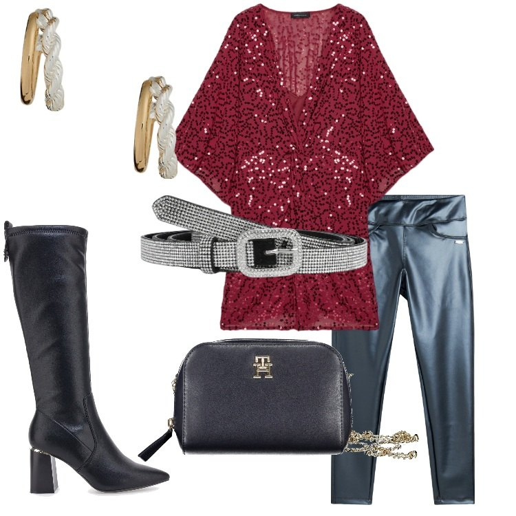 Outfit donna - Mini abito con paillettes e leggings. Stile Trendy per Serata fuori. Abbinamento con cinture, leggings, orecchini, vestiti, stivali, borse a tracolla.