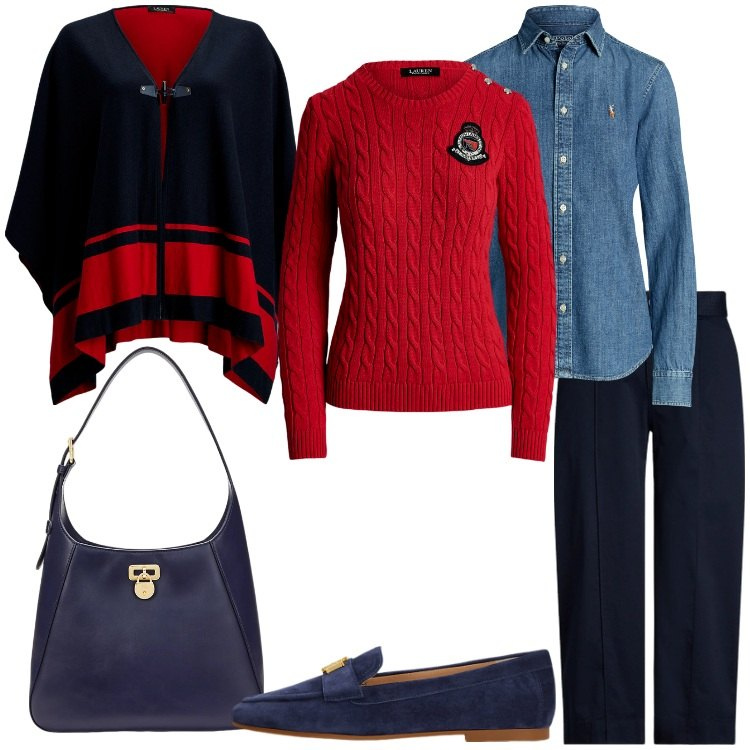Outfit donna - Layering sofisticato - Focus Donna Curvy. Stile Preppy per Ufficio. Abbinamento con mocassini, camicie, maglieria, borse a spalla, pantaloni, cappotti.