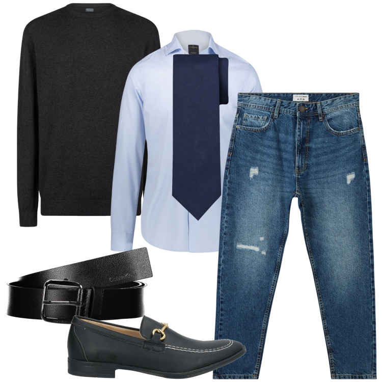 Outfit uomo - Jeans e cravatta. Stile Business/Elegante per Serata speciale. Abbinamento con scarpe stringate, jeans strappati, maglieria, camicie, cinture, cravatte.