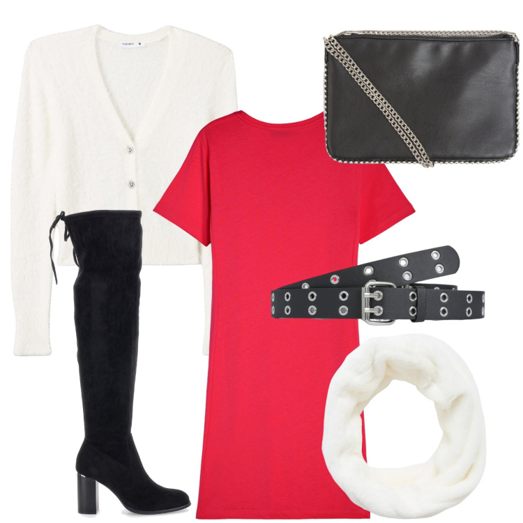 Outfit donna - Layering sofisticato. Stile Chic per Serata fuori. Abbinamento con borse a tracolla, cinture, cardigans, fasce per capelli, vestiti, stivali sopra il ginocchio.
