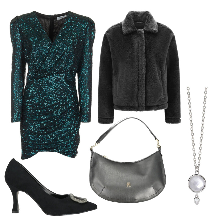 Outfit donna - Feste luccicose. Stile Glamour per Serata fuori. Abbinamento con décolleté, collane, vestiti corti, cappotti, borse a spalla.