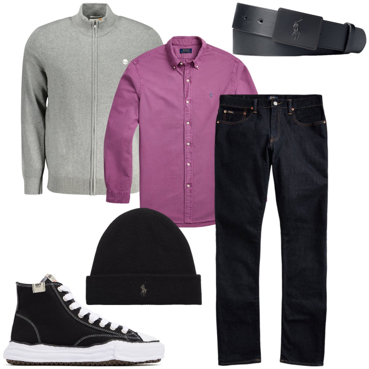 Outfit uomo - La camicia colorata. Stile Casual per Tutti i giorni. Abbinamento con jeans, cinture, berretti, camicie, sneakers alte, cardigans.