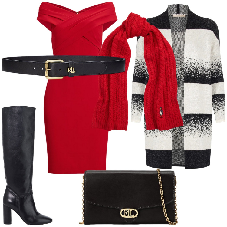 Outfit donna - Layering sofisticato. Stile Chic per Serata fuori. Abbinamento con cardigans, stivali, sciarpe, cinture, borse a tracolla, vestiti.