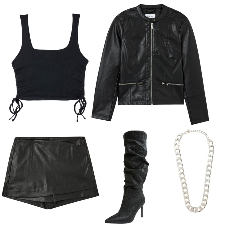 Outfit donna - Total look #2024489. Stile Rock per Serata fuori. look ideale per Tall. Abbinamento con canottiere, minigonne, stivali, blazer, collane.