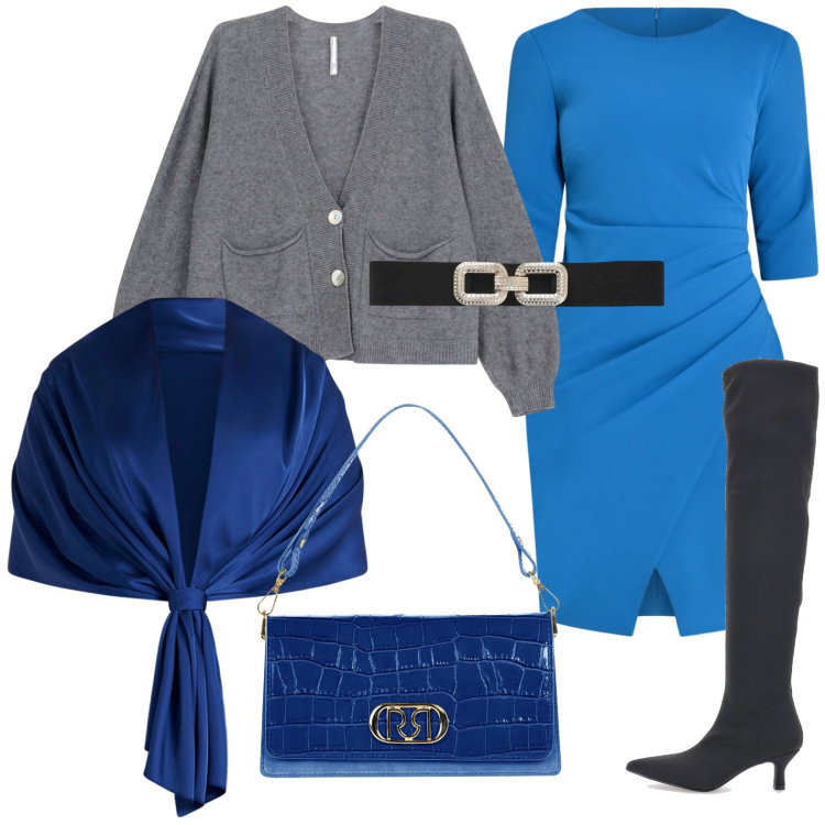 Outfit donna - Layering sofisticato. Stile Chic per Serata fuori. Abbinamento con cinture, vestiti a tubino, scialli, borse a tracolla, cardigans, stivali.