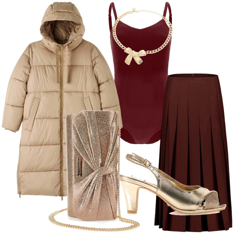 Outfit donna - Dettagli luminosi. Stile Chic per Serata fuori. Abbinamento con piumini, body, collane, pochette, sandali col tacco, gonne longuette.