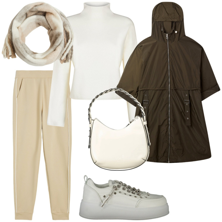 Outfit donna - Total look #2024506. Stile Casual per Tutti i giorni. Abbinamento con trench, sciarpe, pantaloni, borse a spalla, cardigans, sneakers.