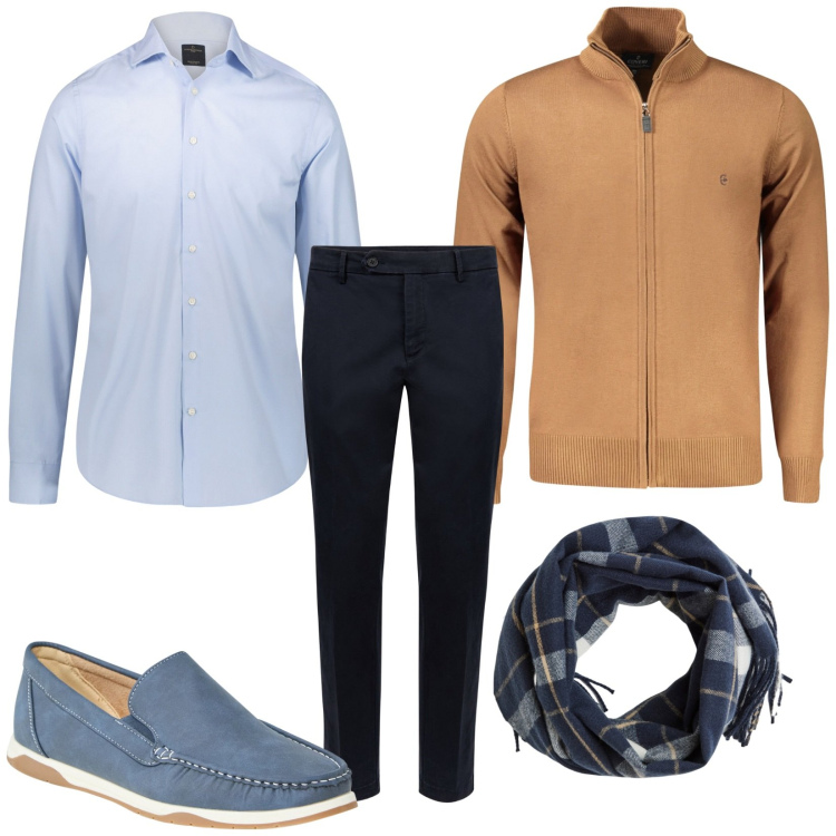 Outfit uomo - Total look #2024507. Stile Casual per Tutti i giorni. Abbinamento con scarpe stringate, sciarpe, camicie, pantaloni chino, cardigans.