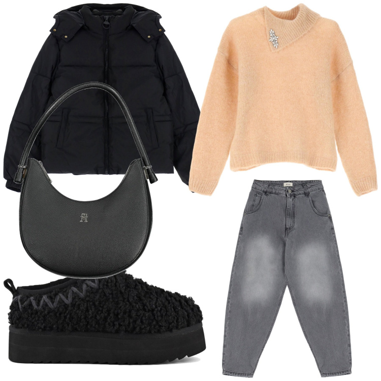 Outfit donna - Casual chic con Tocchi Moderni. Stile Casual chic per Tutti i giorni. Abbinamento con piumini, maglieria, jeans, stivaletti, borse a spalla.