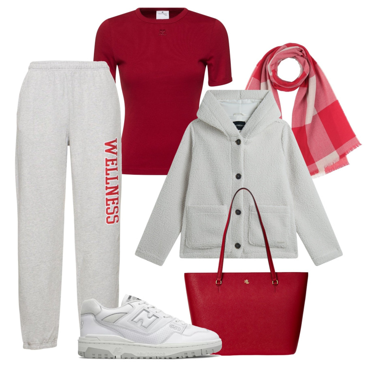 Outfit donna - Sportiva per lo shopping. Stile Casual per Tutti i giorni. Abbinamento con sciarpe, sneakers, blazer, borse tote, pantaloni, t-shirt.