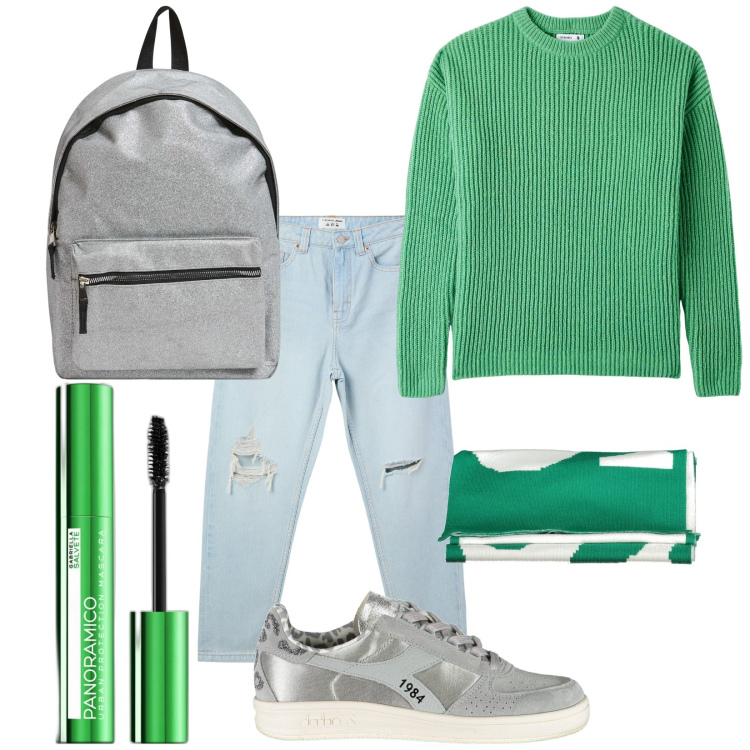 Outfit donna - Total look #2024620. Stile Casual per Scuola/Università. Abbinamento con mascara, maglieria, zaini, jeans mom, sneakers, sciarpe.