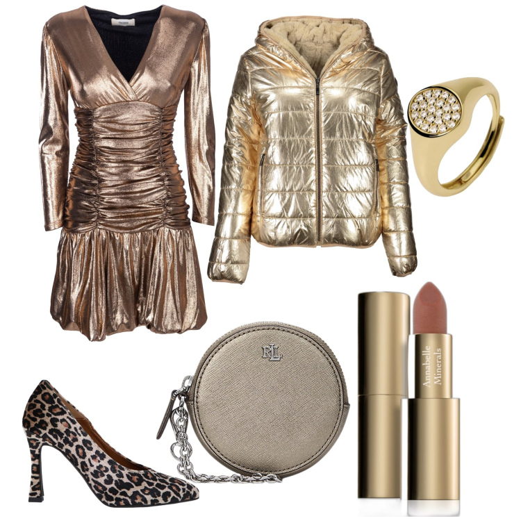 Outfit donna - Feste scintillanti. Stile Chic per Serata fuori. Abbinamento con rossetti, anelli, vestiti, décolleté, pochette, piumini.