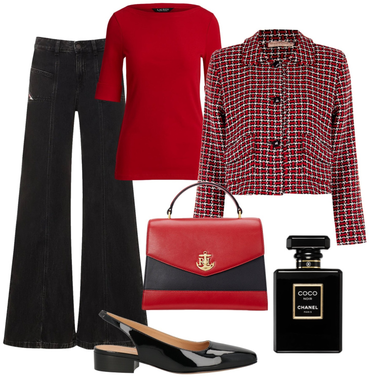 Outfit donna - Stile Chanel con i jeans. Stile Vintage retrò per Tutti i giorni. Abbinamento con ballerine, profumi, blazer, t-shirt, borse a mano, jeans.