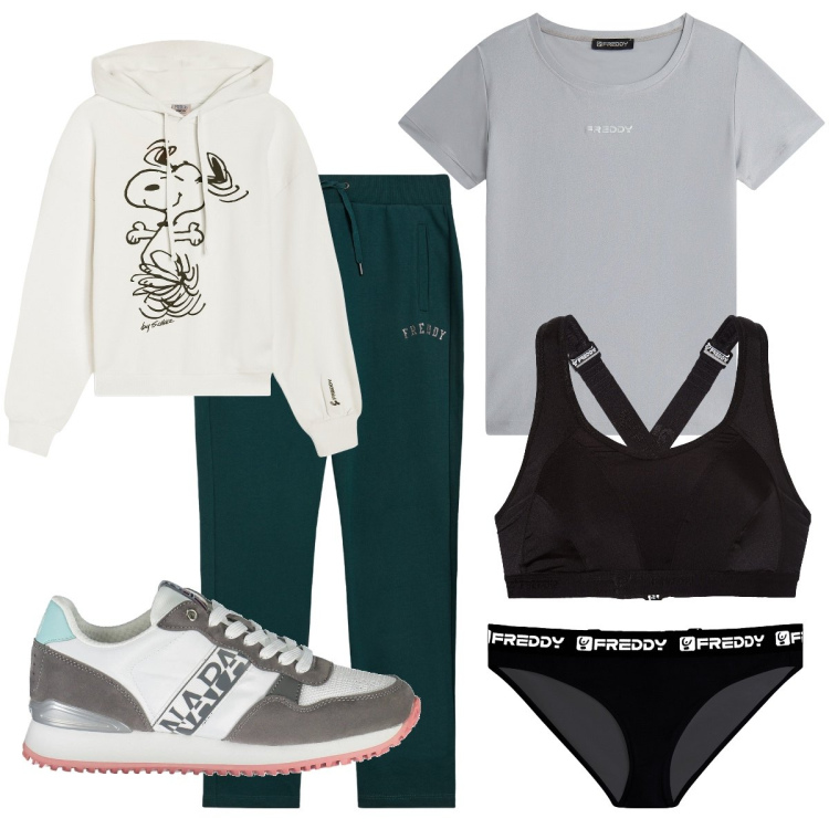 Outfit donna - Io, comodamente a casa. Stile Romantica per Tutti i giorni. Abbinamento con reggiseni, felpe con cappuccio, pantaloni, culotte, t-shirt sportive, sneakers.