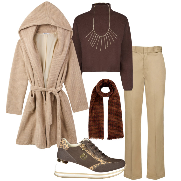 Outfit donna - Total look #2024641. Stile Casual per Tutti i giorni. Abbinamento con cappotti, collane, pantaloni, sneakers, cardigans, sciarpe.