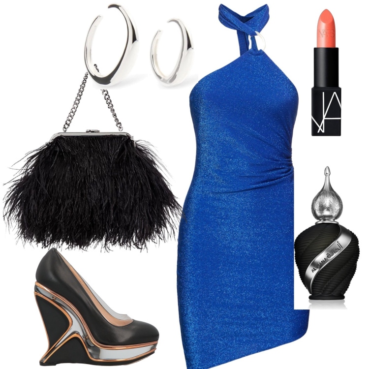Outfit donna - Tubino e scarpe scultura. Stile Glamour per Serata fuori. Abbinamento con décolleté, profumi, rossetti, clutch, vestiti, orecchini.