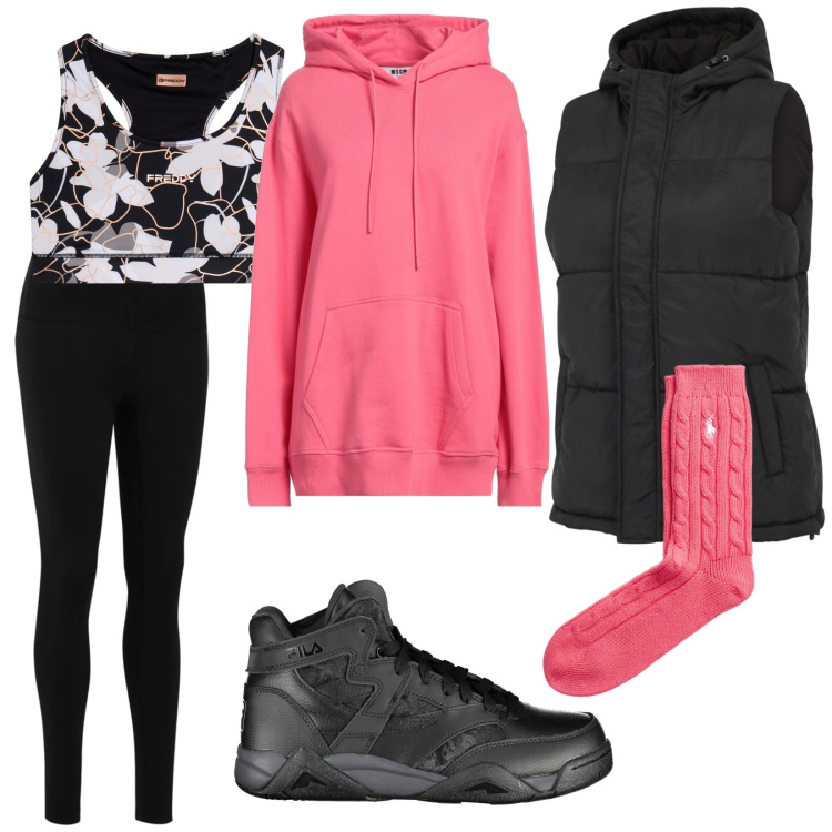 Outfit donna - In movimento. Stile Casual per Sport. Abbinamento con felpe con cappuccio, leggings, gilet, reggiseni, calzini, sneakers.