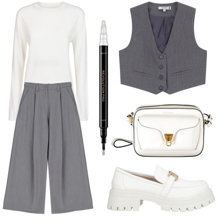 Outfit donna - Tipo me. Stile Casual chic per Tutti i giorni. Abbinamento con mocassini, eyeliner, gilet, pantaloni a palazzo, borse a tracolla, maglieria.