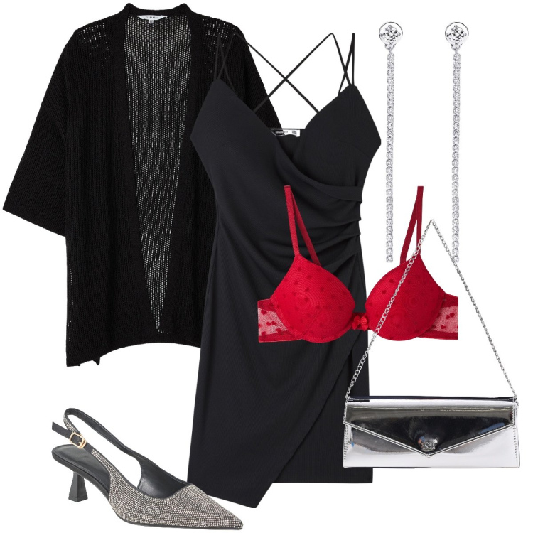 Outfit donna - Festeggiare al nuovo anno. Stile Glamour per Serata fuori. Abbinamento con reggiseni push-up, vestiti, kimono, décolleté, orecchini, pochette.