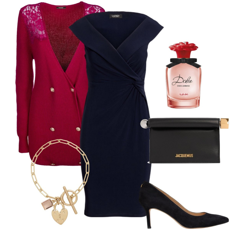 Outfit donna - Il cardigan rosso. Stile Sexy per Serata fuori. Abbinamento con profumi, cardigans, vestiti, braccialetti, décolleté, pochette.