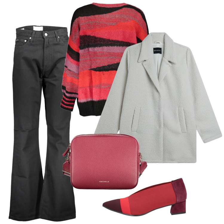 Outfit donna - Red touch. Stile Casual chic per Tutti i giorni. Abbinamento con décolleté, cappotti, maglieria, jeans, borse a tracolla.