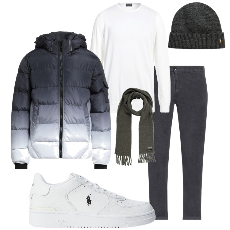 Outfit uomo - In città. Stile Urban per Tutti i giorni. Abbinamento con pantaloni, sciarpe, piumini, pullovers, berretti, sneakers.