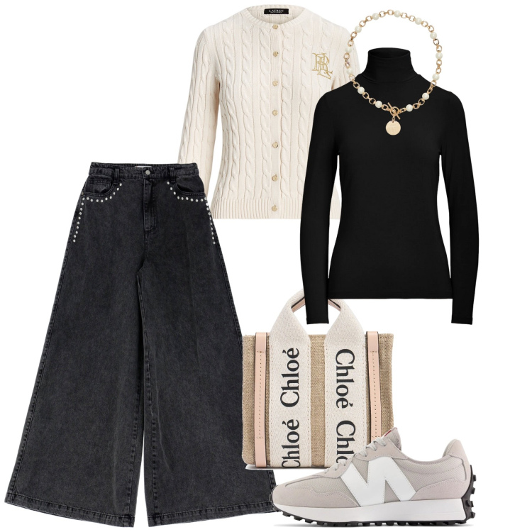 Outfit donna - I palazzo in denim. Stile Bon Ton per Tutti i giorni. Abbinamento con sneakers, jeans, cardigans, collane, top, borse a mano.