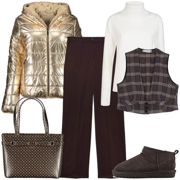 Outfit donna - Gold & Brown. Stile Casual chic per Tutti i giorni. Abbinamento con gilet, stivali, borse a spalla, pantaloni, maglieria, piumini.
