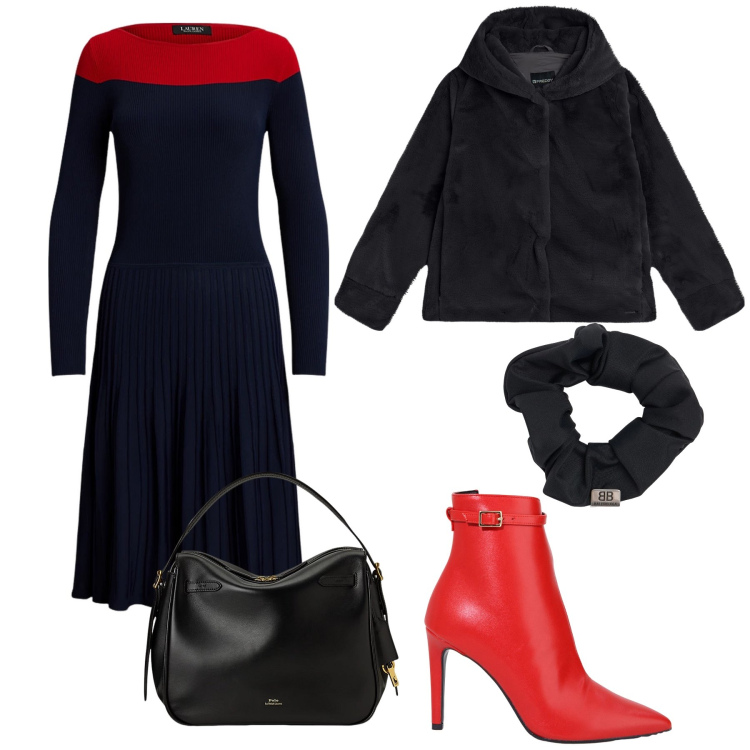 Outfit donna - Pronta per il ristorante. Stile Chic per Tutti i giorni. Abbinamento con stivaletti, blazer, borse a mano, vestiti, accessori per capelli.