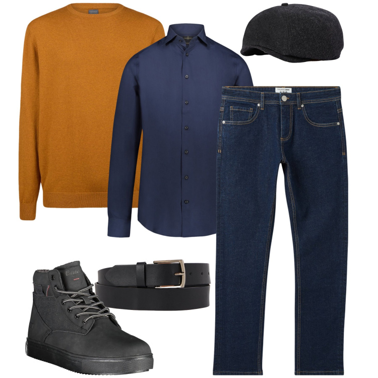 Outfit uomo - Il maglione vitaminico. Stile Business/Elegante per Ufficio. Abbinamento con jeans, maglieria, camicie, stivali, cappelli e berretti, cinture.