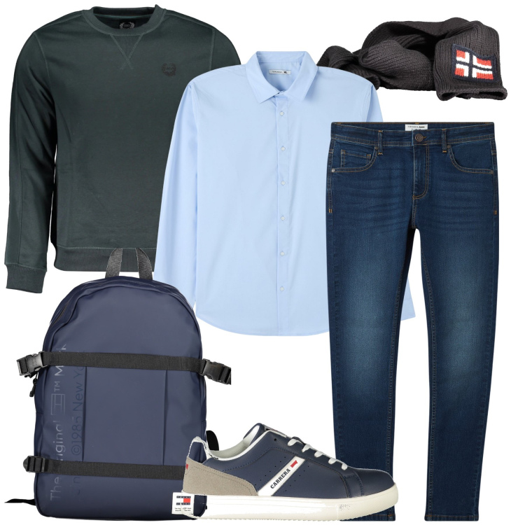 Outfit uomo - In ufficio casual. Stile Casual per Ufficio. Abbinamento con camicie, jeans skinny, felpe, borse sportive, sciarpe, sneakers.