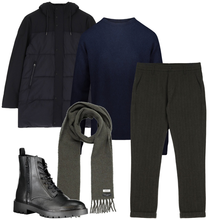 Outfit uomo - La maglia blu notte. Stile Business/Elegante per Serata speciale. Abbinamento con sciarpe, pantaloni, piumini, maglieria, stivali.