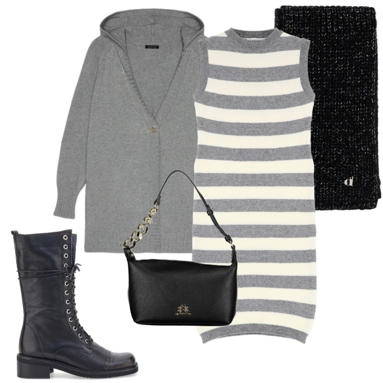 Outfit donna - Layering sofisticato. Stile Casual chic per Ufficio. Abbinamento con vestiti, sciarpe, anfibi, cardigans, borse a spalla.