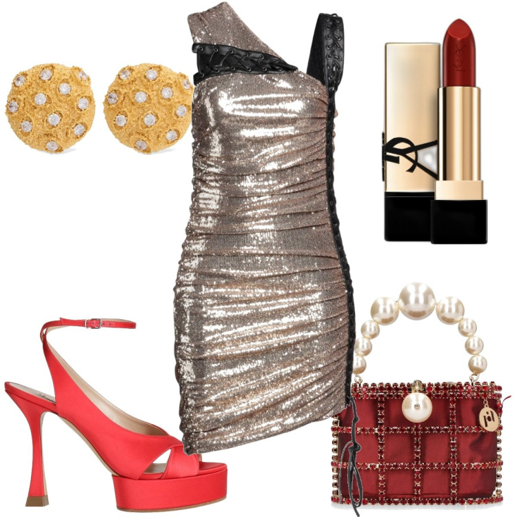 Outfit donna - Total look #2024726. Stile Sexy per Serata fuori. Abbinamento con rossetti, vestiti corti, sandali in pelle, orecchini, borse a mano.