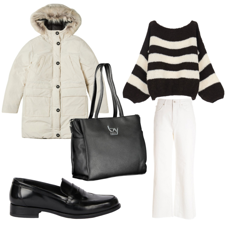Outfit donna - Tra 10 minuti sono li. Stile Casual chic per Tutti i giorni. Abbinamento con parka, maglieria, pantaloni culotte, borse a spalla, mocassini.