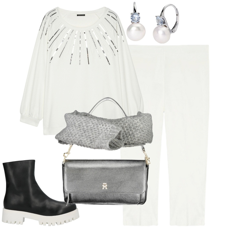 Outfit donna - White Christmas. Stile Romantica per Tutti i giorni. Abbinamento con stivaletti, orecchini, pantaloni, felpe, borse a spalla, sciarpe.