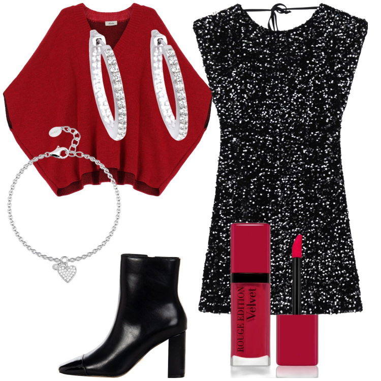 Outfit donna - Notte brillante. Stile Glamour per Serata fuori. Abbinamento con rossetti, orecchini, braccialetti con ciondoli, stivaletti, cappotti, vestiti corti.